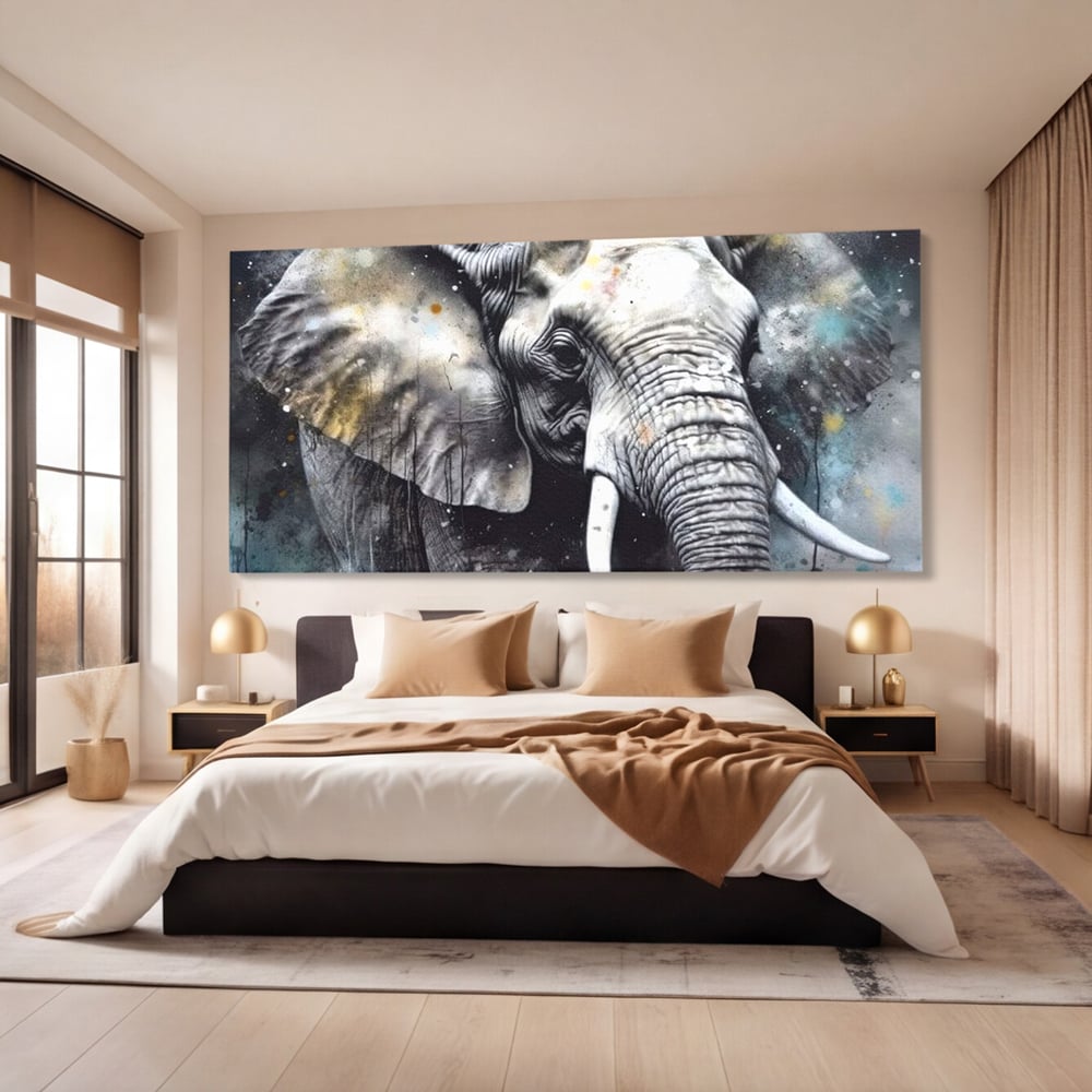Tablou canvas cu tablou canvas cu cap de elefant, fara rama, pe sasiu de lemn, pe perete intr-un dormitor